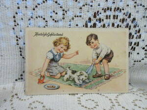ヴィンテージ　絵葉書　ポストカード　子供　犬　カーペット　クッキー　イラスト　画家サイン　1947年