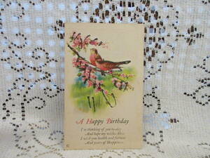USA製　アンティーク　ポストカード　絵葉書　グリッター　スパンコール装飾　小鳥　お花の樹　メッセージ　未投函
