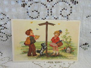  antique Vintage picture postcard postcard man girl dog butterfly road ... map message unused 