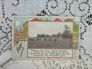 USA製　アンティーク　ポストカード　絵葉書　写真印刷　人物　牛　ゴンドラ　建物　橋　イラスト　BISHOP　アメリカ切手1914年