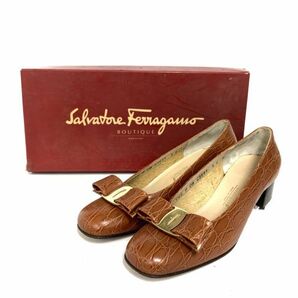 箱 Salvatore Ferragamo サルヴァトーレ フェラガモ UARA パンプス 革靴 ブラウン 茶色 ITALY イタリア製 4 1/2 レディース シューズの画像1