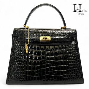 【美品☆本物】クロコダイル　ハンドバッグ　シャイニング　黒　ブラック　crocodile エキゾチック　鍵　センター取り　鰐　フォーマル