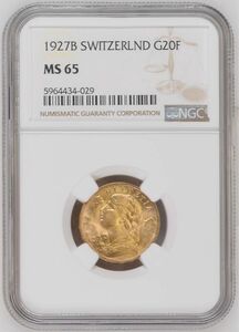 ★美品 1927 B スイス ヘルヴェティア 20フラン 金貨 アルプスの少女 ブレネリ NGC MS65