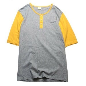 レアカラー! RUSSELL ラッセル ヴィンテージ復刻 無地 ヘンリーネック ツートーン 五分袖 Tシャツ グレー イエロー 黄色 M メンズ 古着