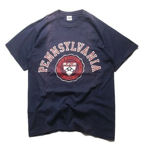 超トレンド! 80s 90s USA製 WOLF ヴィンテージ PENNSYLVANIA カレッジ プリント 半袖 Tシャツ シングルステッチ ネイビー 紺 M メンズ 希少