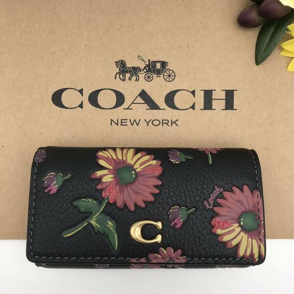 COACH ★大人気★ 6リング キーケース フローラル プリント ブラス/ブラックマルチ CM778 B4/M2 新品