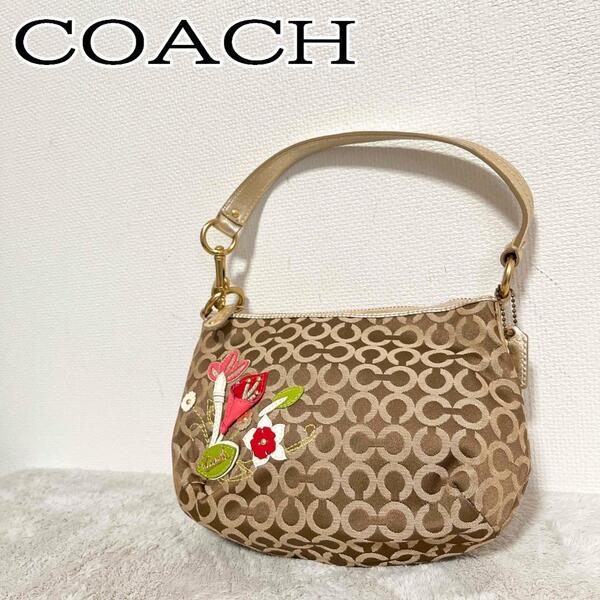 美品COACHコーチハンドバッグトートバッグシグネチャー総柄ブラウン茶フラワー