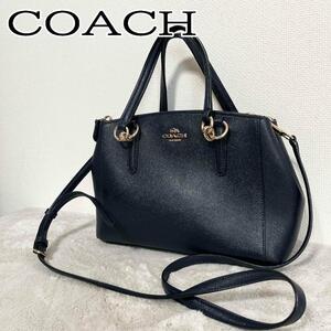 美品COACH コーチショルダーバッグハンドバッグレザー本革牛革ネイビー紺