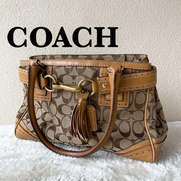 美品COACHコーチセミショルダーバッグトートバッグブラウン茶シグネチャー総柄