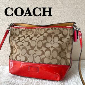 美品COACH コーチショルダーバッグハンドバッグブラウン茶シグネチャー総柄