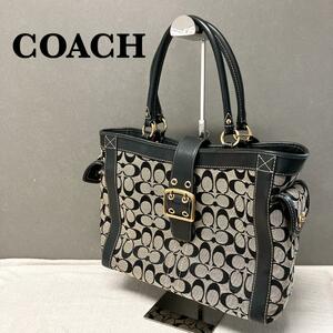 美品COACH コーチハンドバッグトートバッグブラックグレーシグネチャー総柄