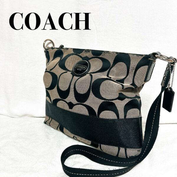 美品COACH コーチショルダーバッグハンドバッグブラック黒シグネチャー総柄