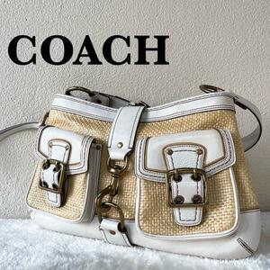 美品COACH コーチセミショルダーバッグトートバッグホワイトイエローベージュ