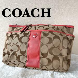 美品COACH コーチショルダーバッグハンドバッグシグネチャー総柄ブラウン茶