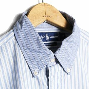 90's 00's ラルフローレン 襟切替 ストライプ コットン ボタンダウンシャツ (M) 白×青 裾ポニー 90年代 00年代 旧タグ オールド Y2Kの画像9