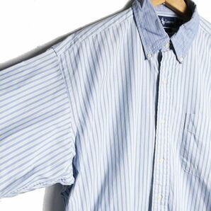 90's 00's ラルフローレン 襟切替 ストライプ コットン ボタンダウンシャツ (M) 白×青 裾ポニー 90年代 00年代 旧タグ オールド Y2Kの画像7