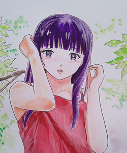 手描きイラスト、紫髪の女性