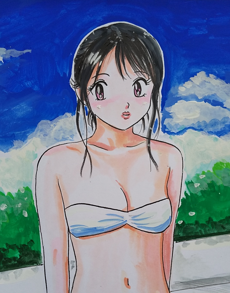 hand drawn illustration, woman in white swimsuit, comics, anime goods, hand drawn illustration