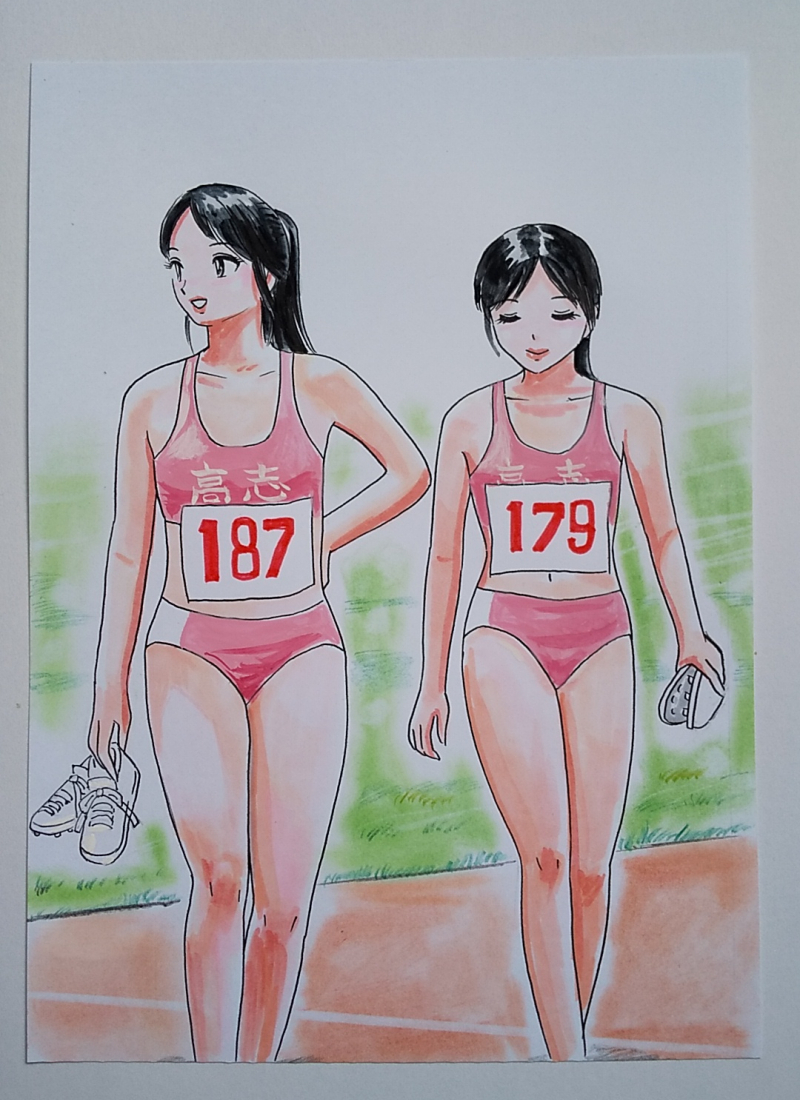 hand drawn illustration, female track and field athlete, comics, anime goods, hand drawn illustration