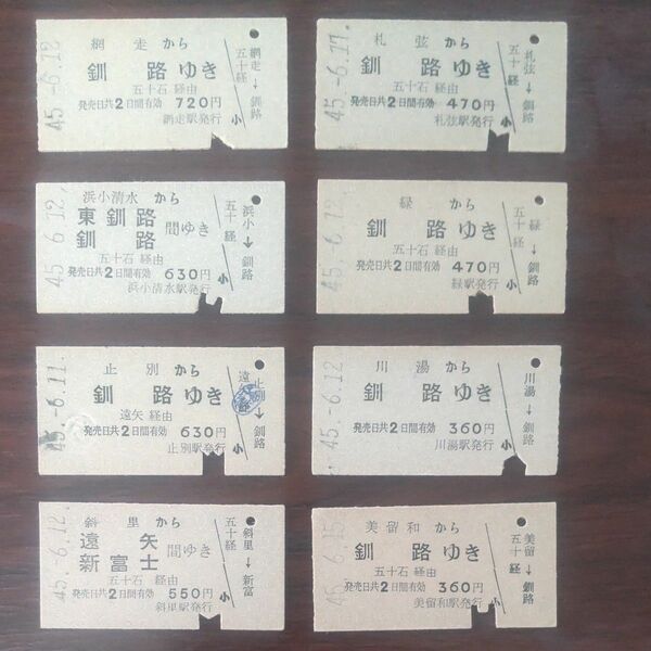 硬券、乗車券、網走方面から釧路ゆき、8枚