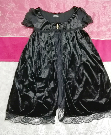 黒ブラックベロアレース半袖ネグリジェチュニックワンピース Black velour lace negligee sleeve tunic dress,ワンピース&ミニスカート&Mサイズ