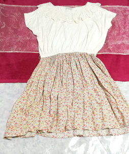 白ホワイトピンク花柄ネグリジェチュニックワンピース White tops pink floral pattern negligee skirt short sleeve tunic dress, ワンピース, ミニスカート, Mサイズ