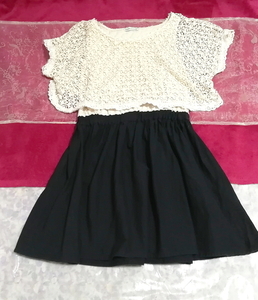 フローラルホワイトレース黒スカートコットンネグリジェチュニックワンピース Floral white lace black skirt cotton negligee tunic dress, ワンピース, ミニスカート, Mサイズ