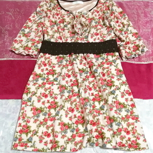 ピンク花柄フリル襟長袖ニットネグリジェチュニックワンピース Pink floral pattern ruffle collar long sleeve knit negligee tunic