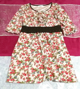 ピンク花柄フリル襟長袖ニットネグリジェチュニックワンピース Pink floral pattern ruffle collar long sleeve knit negligee tunic