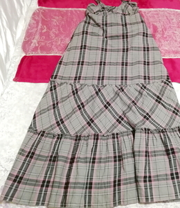 Gray black pink plaid cotton cotton negligee nightgown camisole maxi skirt dress, long skirt, m size
