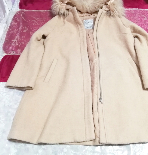 ピンクベージュフワフワファーフードコート羽織外套 Pink beige fluffy food coat