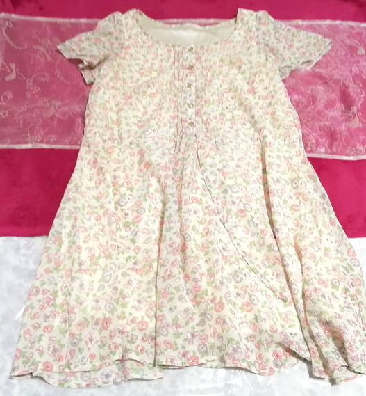 Pale pink floral pattern chiffon beautiful button negligee nightgown short sleeve tunic dress, mini skirt, m size