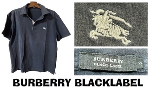 気象バーバリーブラックレーベルBurberryBlacklabel刺繍＆ストライプ裏地★半袖ポロシャツ★ブラック★3