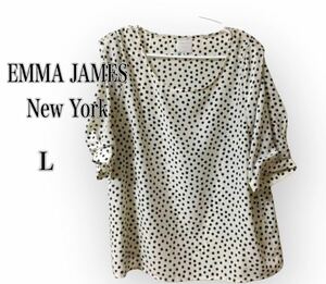 EMMA JAMES New Yorkブラウス オフホワイト半袖　紺の水玉　白 