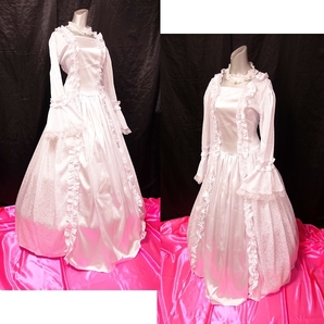 光沢 サテン つるつる ナイロン ゴシック調 フリル ロング ドレス 白 大きいサイズの画像6