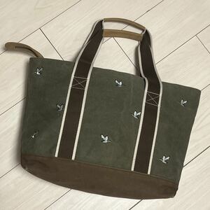 【L.L.Bean】エルエルビーン 鳥柄刺繍キャンバス トートバッグ レザーハンドル アニマル刺繍 カーキ/ブラウン 肩がけ ユニセックス