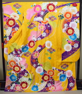 [..]1G secondhand goods silk long-sleeved kimono yellow color series plum length 178.73.5 large size tall size 