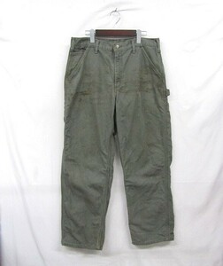 ★carhartt★ サイズ W34 L32 ダック地 ワーク ペインター パンツ ネルライナー オリーブ グリーン カーハート 古着 ビンテージ 4A2708