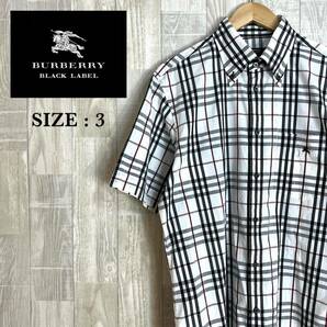 M3686 BURBERRY BLACK LABEL バーバリーブラックレーベル ボタンダウン半袖シャツ サイズ3 白 チェック柄 三陽商会 日本製の画像1