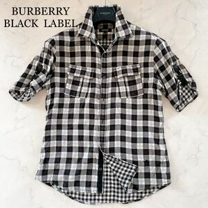 美品●バーバリーブラックレーベル BURBERRY BLACK LABELダブルガーゼ シャツ 2種チェック ギンガムチェック サイズ2（M） 黒白 半袖 伸縮