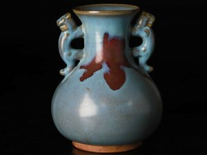 【琴》送料無料 中国美術 耳付辰砂釉花瓶 WK319