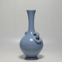 中国美術　大清雍正年製　天青釉双耳瓶　花瓶　青釉　時代物_画像3