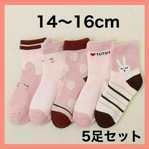 キッズ ソックス M 子供 靴下 5足セット 女の子 うさぎ 14〜16cm