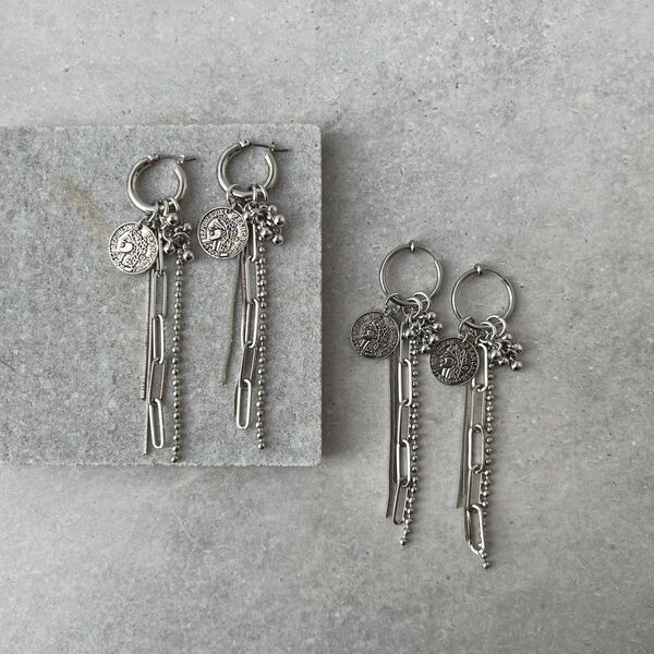 【A82】シルバー メダイ シンプル チェーン ロング ピアス / イヤリング