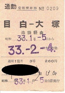 【通勤定期乗車券】目白―大塚　国鉄　昭和33年