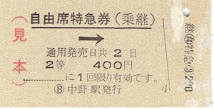 剥げ痕【A型硬券 自由席特急券 乗継】中野駅発行　見本