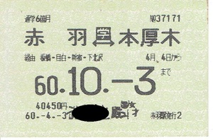 【通学定期乗車券】赤羽⇔本厚木　昭和60年　国鉄