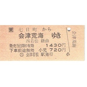 【硬券 JR地紋 乗車券】七日町から会津荒海ゆき 会津若松駅発行 会津鉄道 会津線の画像1