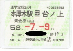 【通学定期乗車券】神奈川中央交通　本厚木駅⇔台ノ上　昭和58年　バス