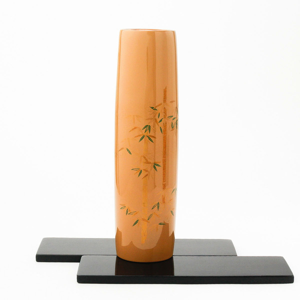 ☆未使用☆　四君子 蒔絵花瓶 コレクション　竹　ベージュ　敷板二枚付き　高さ約26.5cm